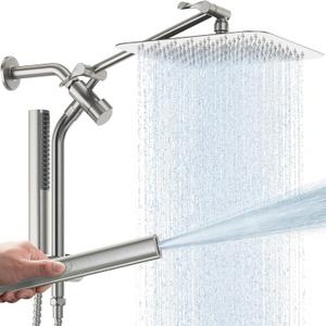 Veken Brushed Nickel Shower Head, 10'' All Metal Rain Shower Heads with Handheld Spray Combo, Hand Held Bathroom Combo with Extension Arm, Dual Shower with Power Wash, Adjustable Rainfall Showerhead