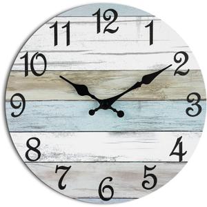 CHYLIN Wall Clock Silent Non Ticking Wall Clocks Battery Operated, Rustic Coastal Country Clock Decorative for Bathroom Kitchen(10 Inch) (B-white,brown,blue)