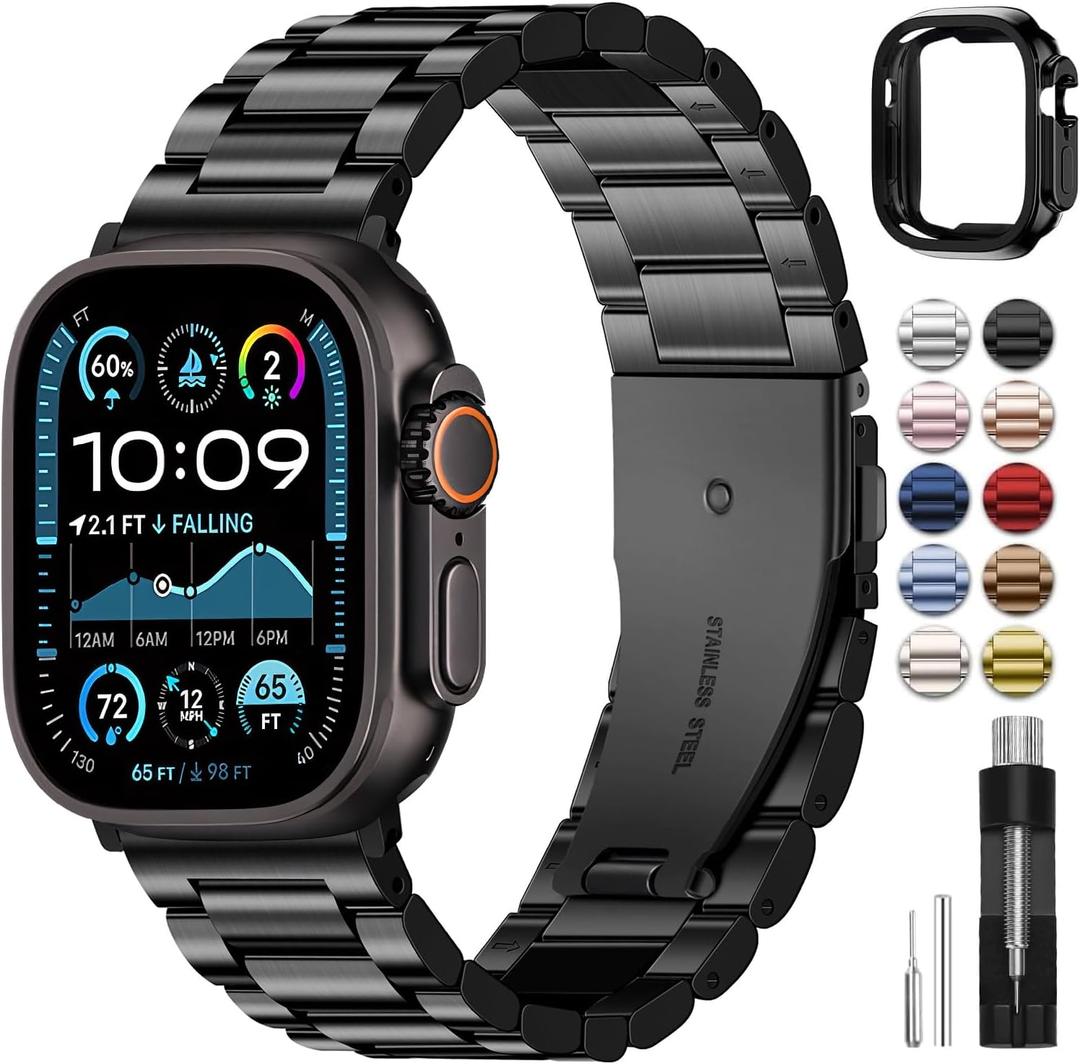 Fullmosa Compatible Apple Watch Bands Ultra/Ultra2 49mm, Stainless Steel Strap Metal iWatch Band with Case for Apple Watch, Black