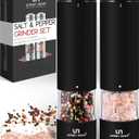 Electric Salt and Pepper Grinder Set - Battery Operated Stainless Steel Mill with Light (2 Black Mills) - Automatic One Handed Operation - Electronic Adjustable Shakers - Ceramic Grinders
