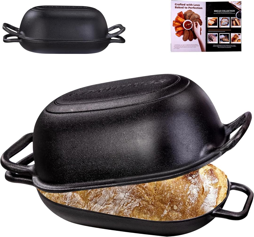 Oval Dutch Oven for Bread Baking 12 x 8 Inch, Pre-Seasoned Cast Iron Bread Oven for Sourdough, Dutch Oven Bread Loaf Pan for a Crispy Crust, 5QT