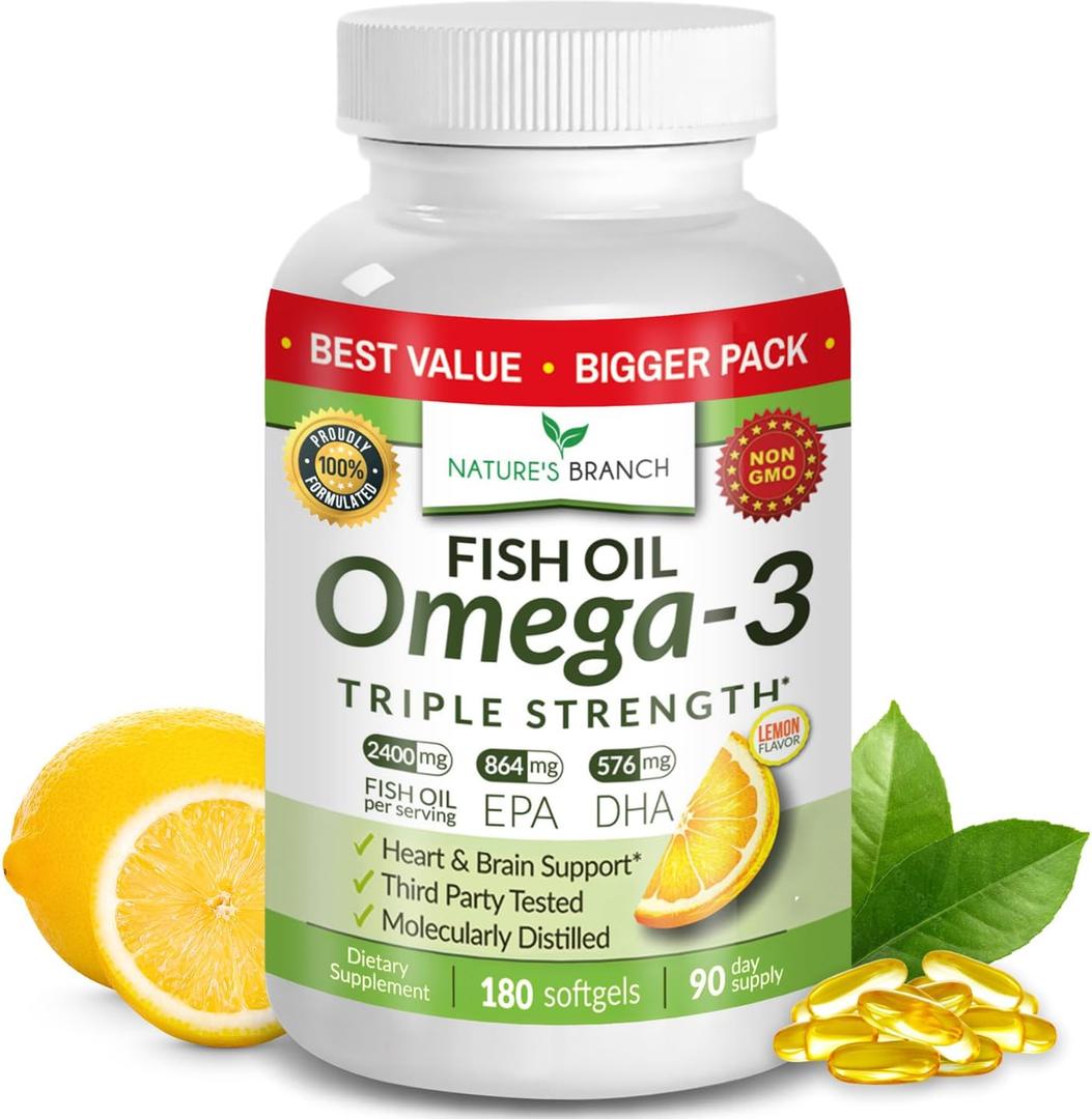 Triple Strength Omega 3 Fish Oil Supplements 2400mg | 180 Capsules, Burpless High Potency Lemon Flavor, High EPA DHA for Men & Women Ultra Pure Softgels | Joint Support, Eyes, Heart Brain Health Pills EXP: 11-2028