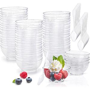 Kingrol 100 Mini Dessert Bowls with Spoons, 3 oz Disposable Dessert Cup for Mousse, Puddings, Appetizers, Condiments, Snacks