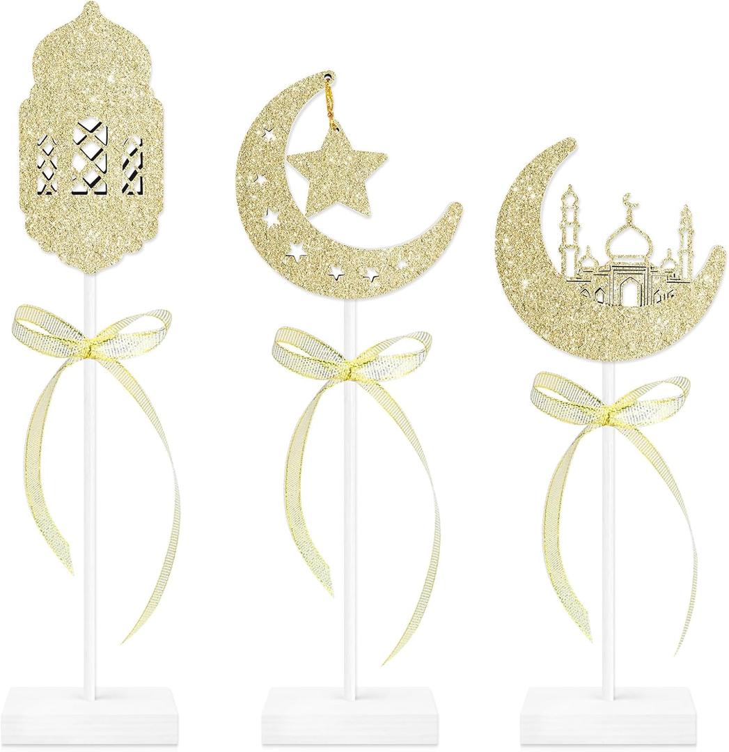 3 Pcs Ramadan Decorations Eid Mubarak Table Decor Set, Standing Wooden Islamic Moon Star Table Centerpiece & Tiered Tray Decor for Muslim Party Home Kitchen Office Tabletop Decoration