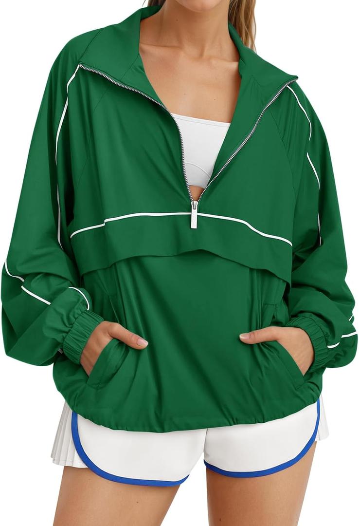 Fisoew Quarter Zip Pullover Women UPF 50+ Lightweight Windbreaker Jacket Running Hiking Outdoor Pullover with Pocket Large
