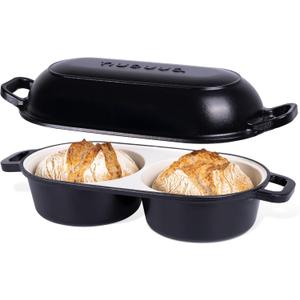 nuovva Dutch Oven for Sourdough Bread Baking  Enamelled Cast Iron Bread Loaf Pot  500F Oven Safe Non Stick Bread Pot  Double Round Loaf Space, 16.5cm Diameter, Black
