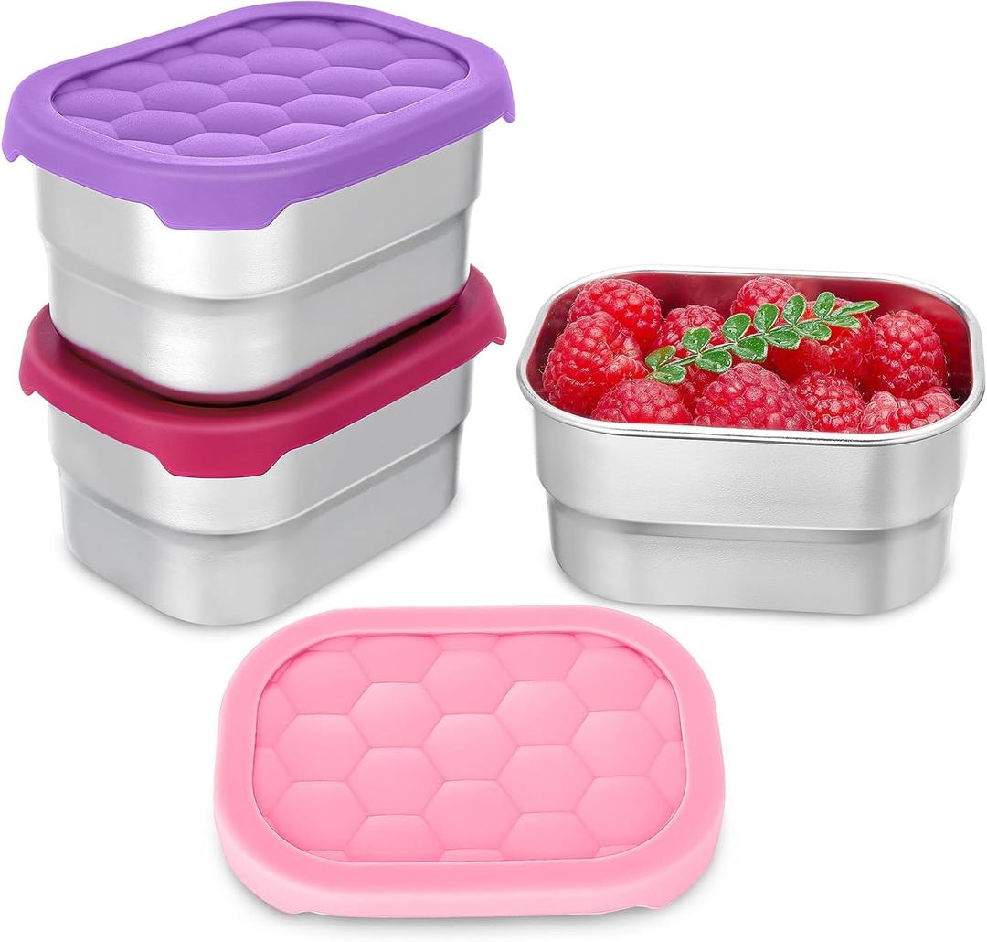 3 Pack Stainless Steel Snack Containers for Kids, 8 oz Easy Open Leak Proof Small Toddler Snack Containers with Silicone Lids, Stackable Metal Lunch Box for Daycare and School (Pink)