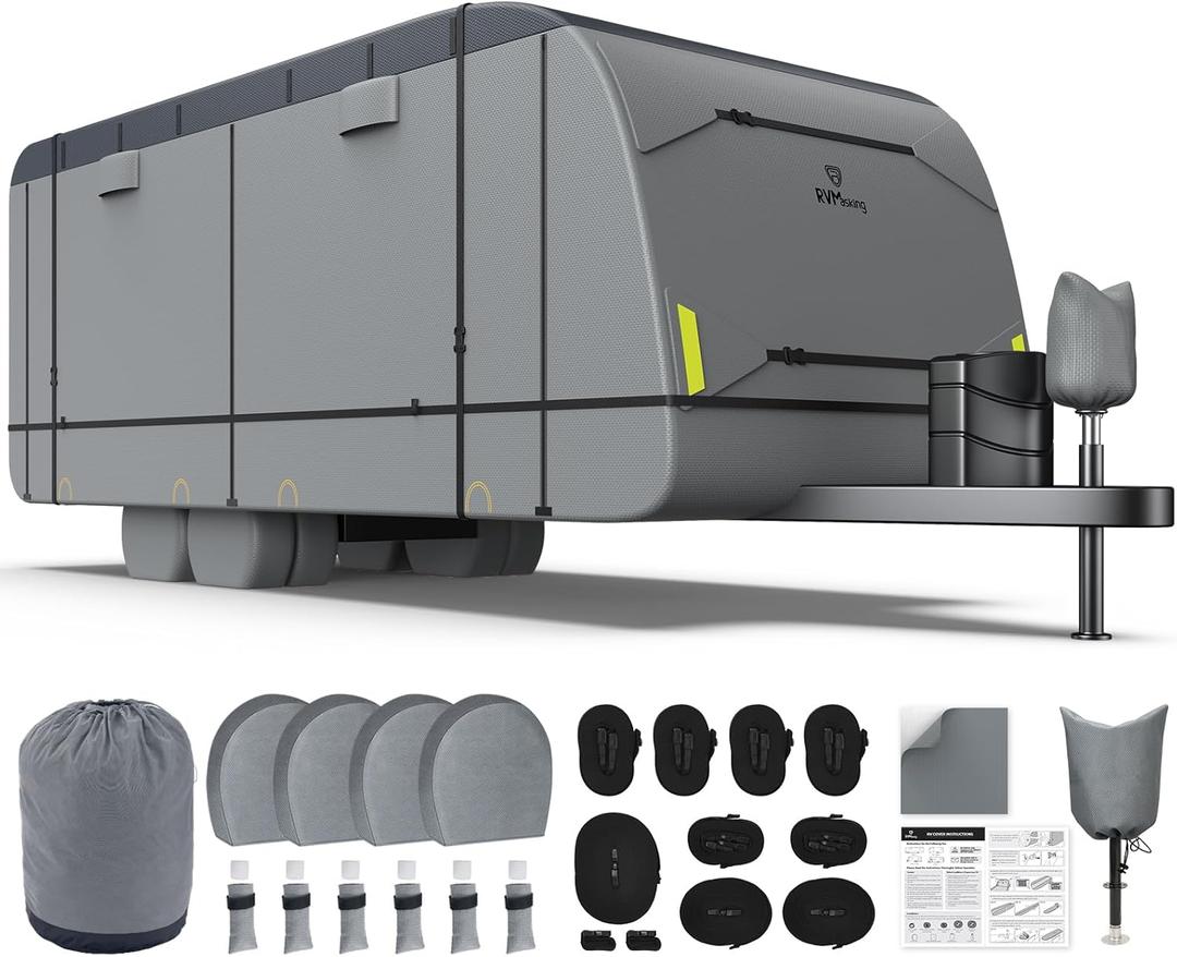 RVMasking Waterproof RV Cover, True 600D Top Travel Trailer Cover for 15'1"-18', Rip-Stop Windproof with 4 Tire Cover & Tongue Jack Cover, Neutral Gray
