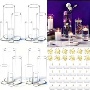 UDU 16 Set Glass Cylinder Vases for Centerpieces with 80000 Clear Beads 24 White Floating Candles 12 Pearl String Center Pieces Decoration for Table Table Wedding Party Home