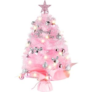 Tabletop Christmas Tree with Lights, Migaven 24inch/2ft Mini Pink Christmas Tree with Star Led String Light for Home Desktop Xmas Tabletop Decoration Pink