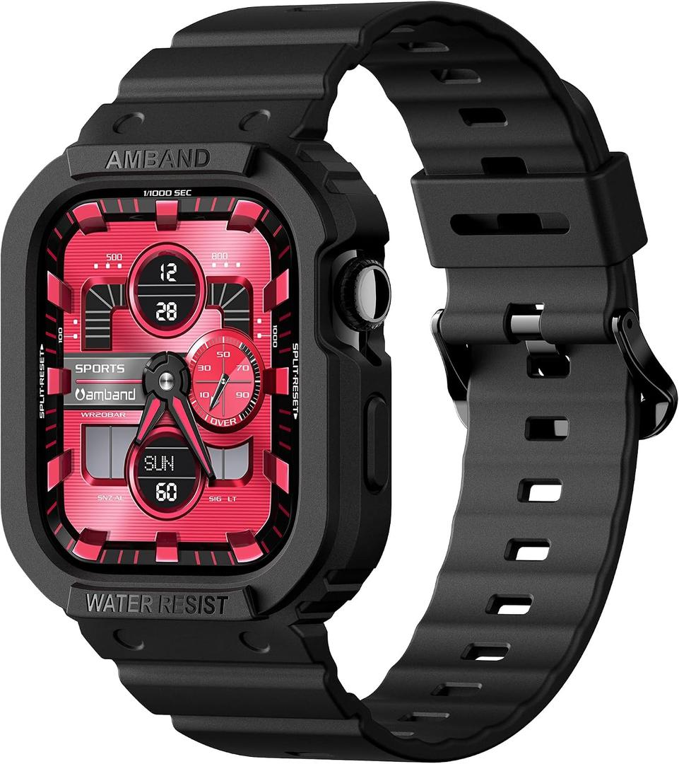 amBand E1 Sport Case Band for Apple Watch Ultra 3/2/1 & SE 3/2/1 & Series 11 10 9 8 7 6 5 4 3 49mm 46mm 45mm 44mm 42mm 41mm 40mm 38mm, Shockproof & Scratch Resistant Rugged Bumper for Men Women