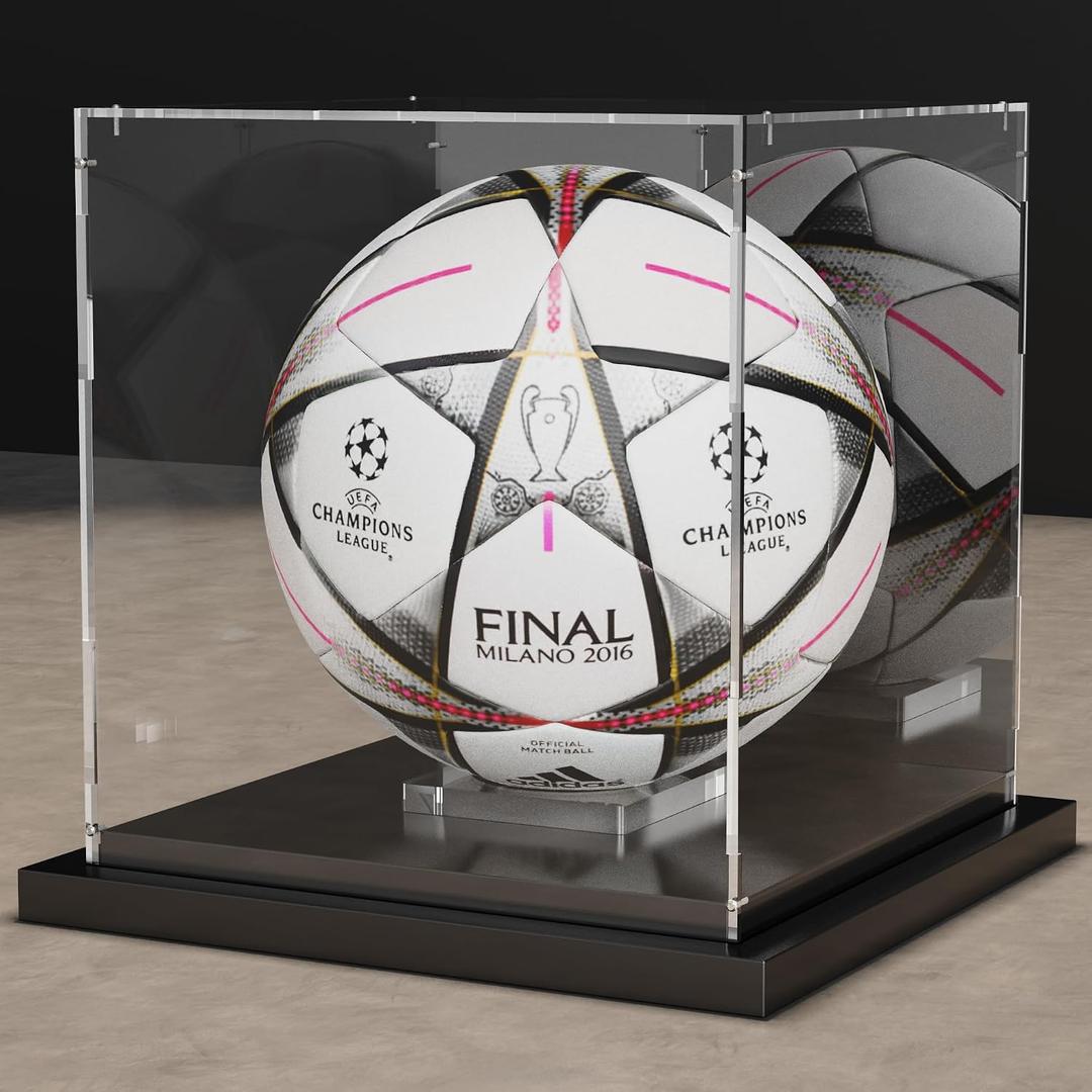 Soccer Ball Display Case Clear Acrylic Display Case Box with Mirror Back and Black Metal Grooved Base Stackable Holder with Removable Built-in Soccer Ball Stand for Sports Collectibles