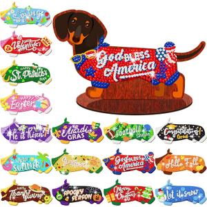 Briwooody 16 Pcs 4th of July Dachshund Diamond Art Kits for Adults - Interchangeable Seasonal & Holiday Decor, Wooden Dachshund Diamond Painting Table Centerpieces for DIY Tiered Tray Home Party