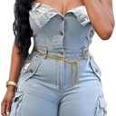 LKOUS Women's Sexy Denim Short Jumpsuit,Summer Cargo Casual Sleeveless Slim Fit Off Shoulder Rompers with Pockets, XXL