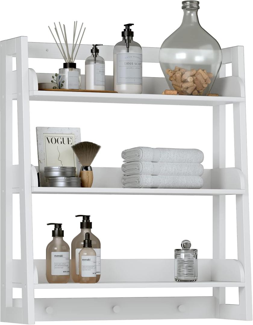 UTEX Bathroom Wall Shelf, Over Toilet Storage Shelf Organizer, 3-Tier Wall Mount Shelf Rack with Hook, White, 19.5"W