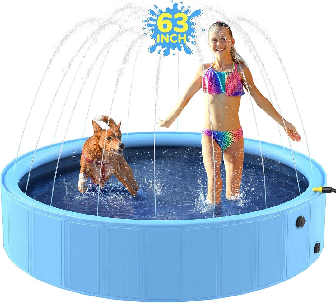 63'' Foldable Dog Pool, Sprinkler Pool for Kids, Non-Slip Heavy Duty Dogs Splash Pad for Small Dogs, Hard Plastic Kiddie Bathtubs for Backyard2XL-162Gal