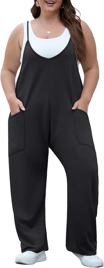 OLRIK 2025 Summer Women Plus Size Jumpsuit Adjustable Strap Overalls Loose Fit Stretchy Romper With Pockets (3X, Black)