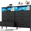 Black Dresser for Bedroom, 6 Drawer Dresser, Fabric Vertical Storage Tower with Fabric Bins with Open Shelves LED Light and Charging Station, Chest of Drawers for Closet Chests Organizer, Living Room