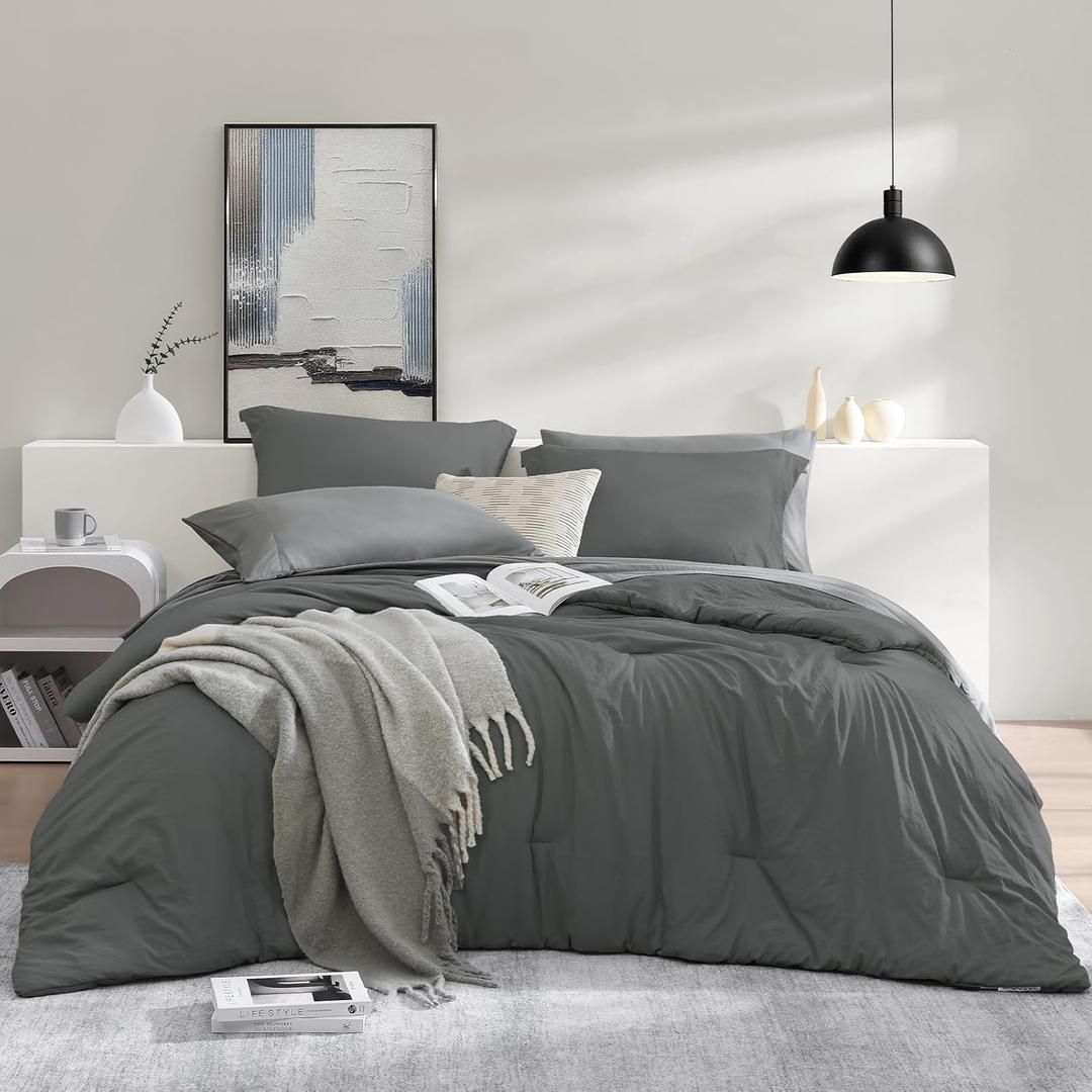 WRENSONGE Queen Comforter Set- 7 Pieces Soft Grey Bed in a Bag with Fitted Sheet, Flat Sheet, 2 Pillow Shams, and 2 Pillowcases- Warm Bedding Sets Queen for All Season