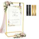 Wedding Welcome Sign Holder Personalized, Gold Welcome to Our Wedding Hanging Sign Holder with Leather Sign Straps, Easel Stand for Sign,Adjustable Wedding Seating Chart Stand