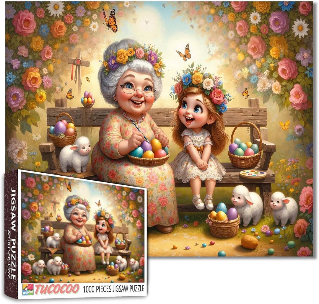 Easter Jigsaw Puzzle Adults 1000 Pieces Grandmother and Granddaughter Puzzle DIY Craft Spring Courtyard Art Living Room Wall Decoration Funny Activities Gifts Easter Eggs Puzzles