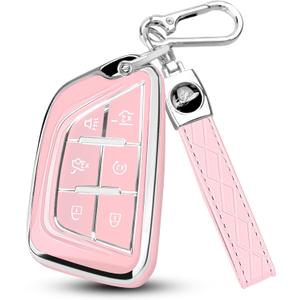 QBUC for Cadillac Key Fob Cover with Keychain Soft TPU Protection Case Compatible with 2020-2026 Cadillac Escalade Lyriq Optiq 6-Buttons(Chrome Trim Pink)