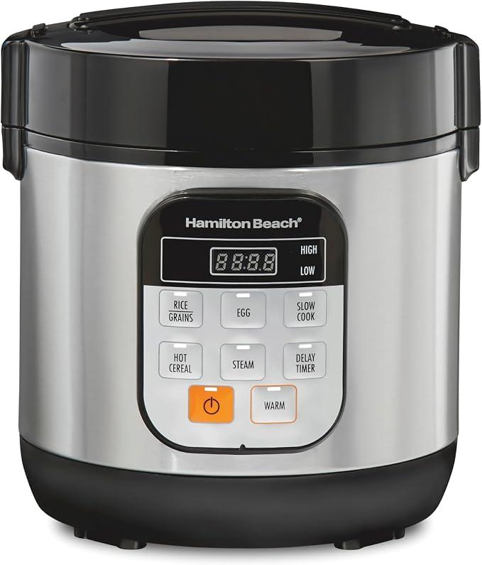 Hamilton Beach Compact Multi Cooker, 1.5 Quart (1.4 L), Stainless Steel, 6 Cups Cooked (3 Cups Uncooked), Rice Cooker, Egg Cooker, Slow Cooker & Food Steamer, Model 37524MN
