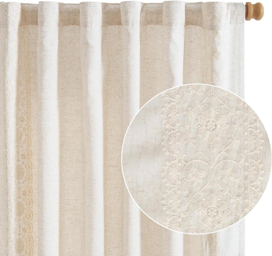 jinchan Boho Lined Linen Curtains for Bedroom Ivory Vintage Floral Farmhouse Curtains 84 Inches Long Linen Blend Drapes for Living Room Embroidered Drapes Rod Pocket Ivory on Beige 2 Panels (50"W x 84"L (Pack of 2))