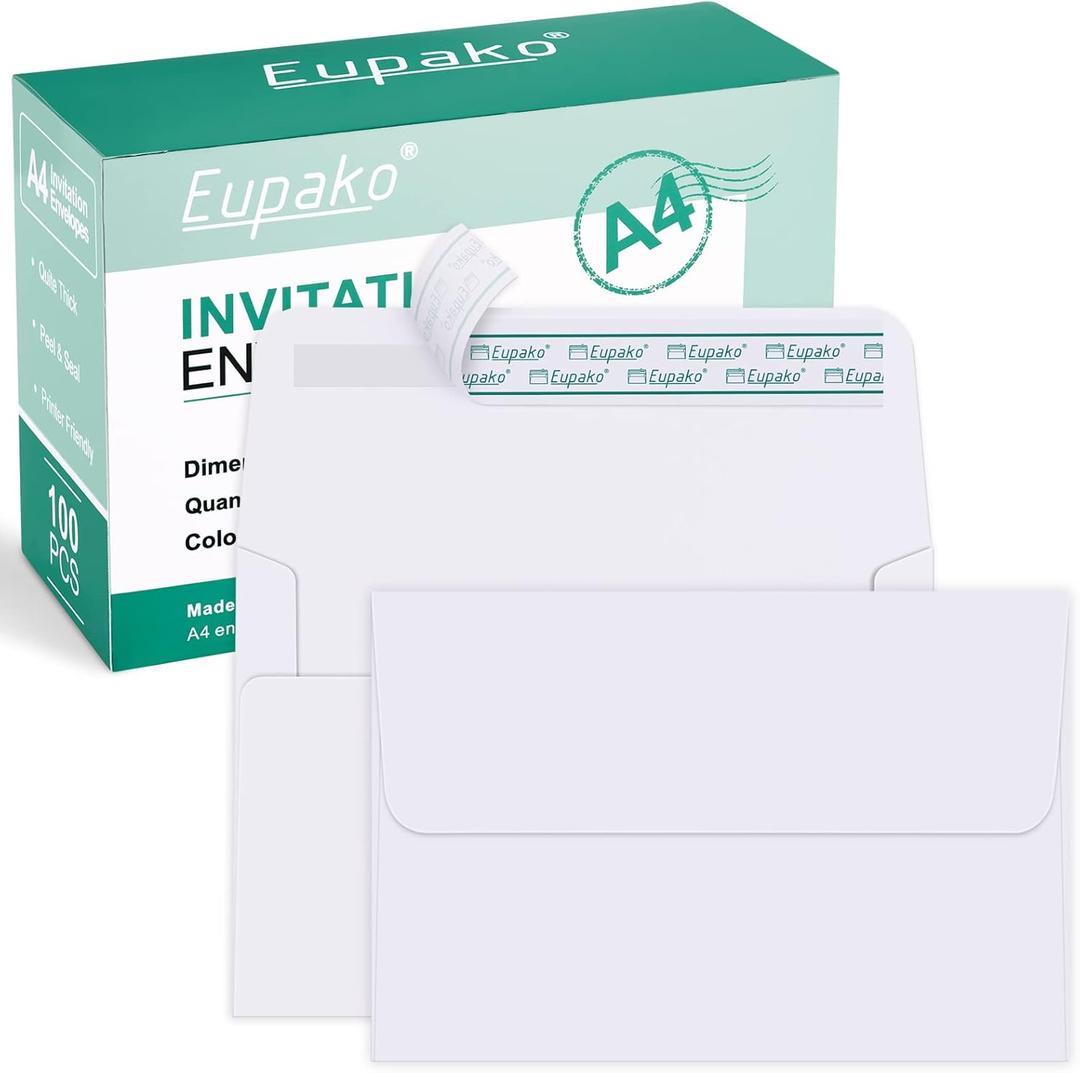 Eupako A4 White Photo Envelopes 4x6, 100 Pack Self Seal Envelopes for 4x6 Cards, Photos, Invitations, Wedding, Graduation, Baby Shower, 4.25 x 6.25 Inches (A4 (4.25x6.25 Inches))