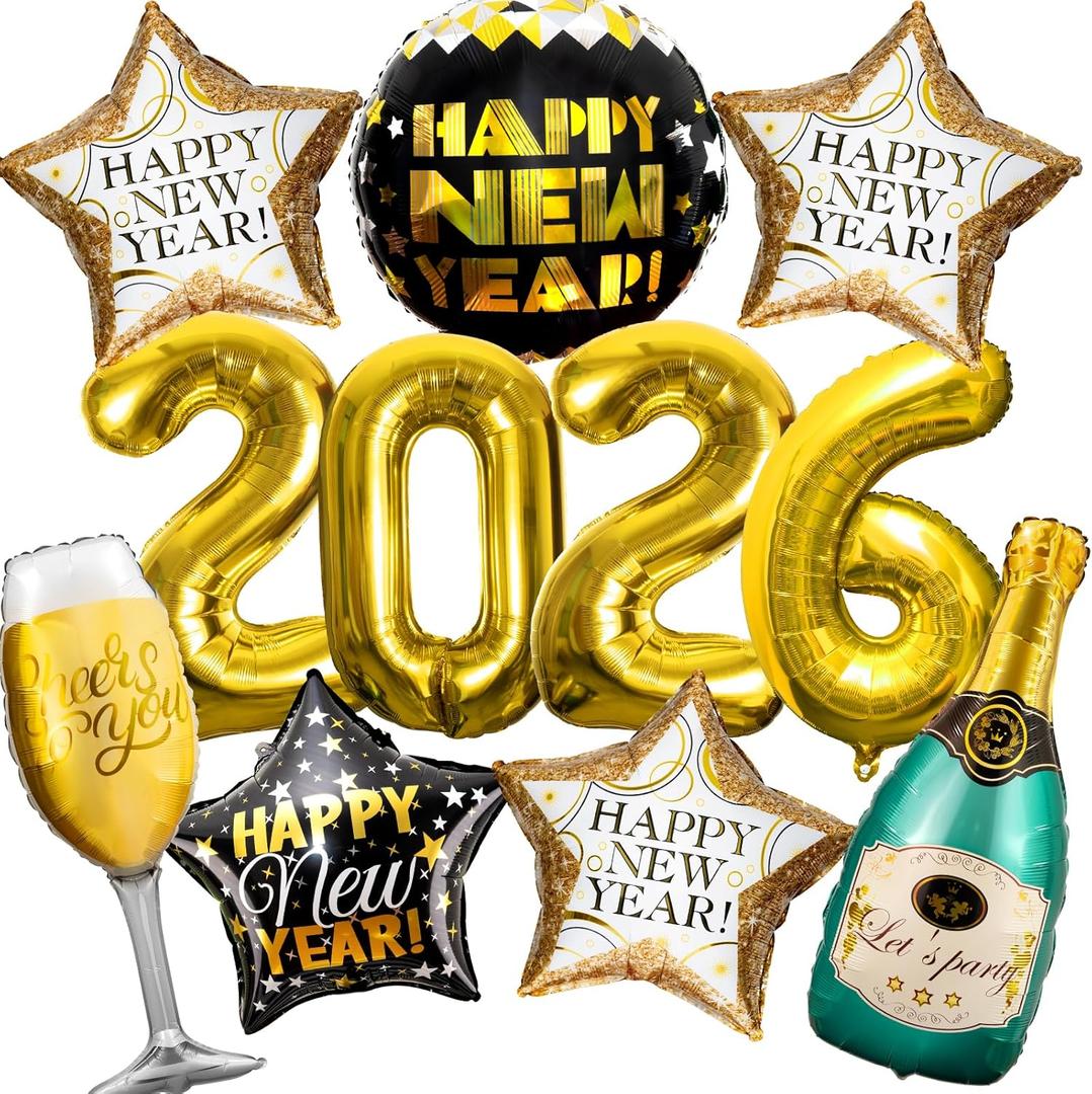 Happy New Years Eve Party Supplies 2026, 11 Pcs Foil Balloon New Years Decorations Set