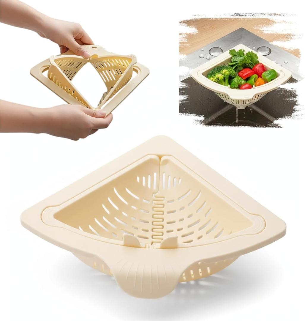 Magnetic Drainage & Filter Basket, Triangular Sink Strainer with Twist-Open Bottom, Kitchen Sink Corner Rack for Draining & Storage, Punch-Free Installation, No Tools Needed (Milky White)