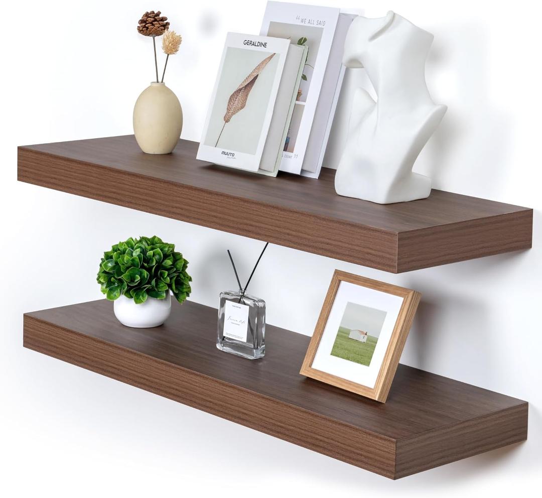 Deep Floating Shelves | 36 Inch Walnut Floating Shelves Set of 2 | 12 Inch Deep Rustic Wood Shelves for Wall | 36" W x 12" D Walnut Shelves for Living Room Bathroom Laundry Room Kitchen