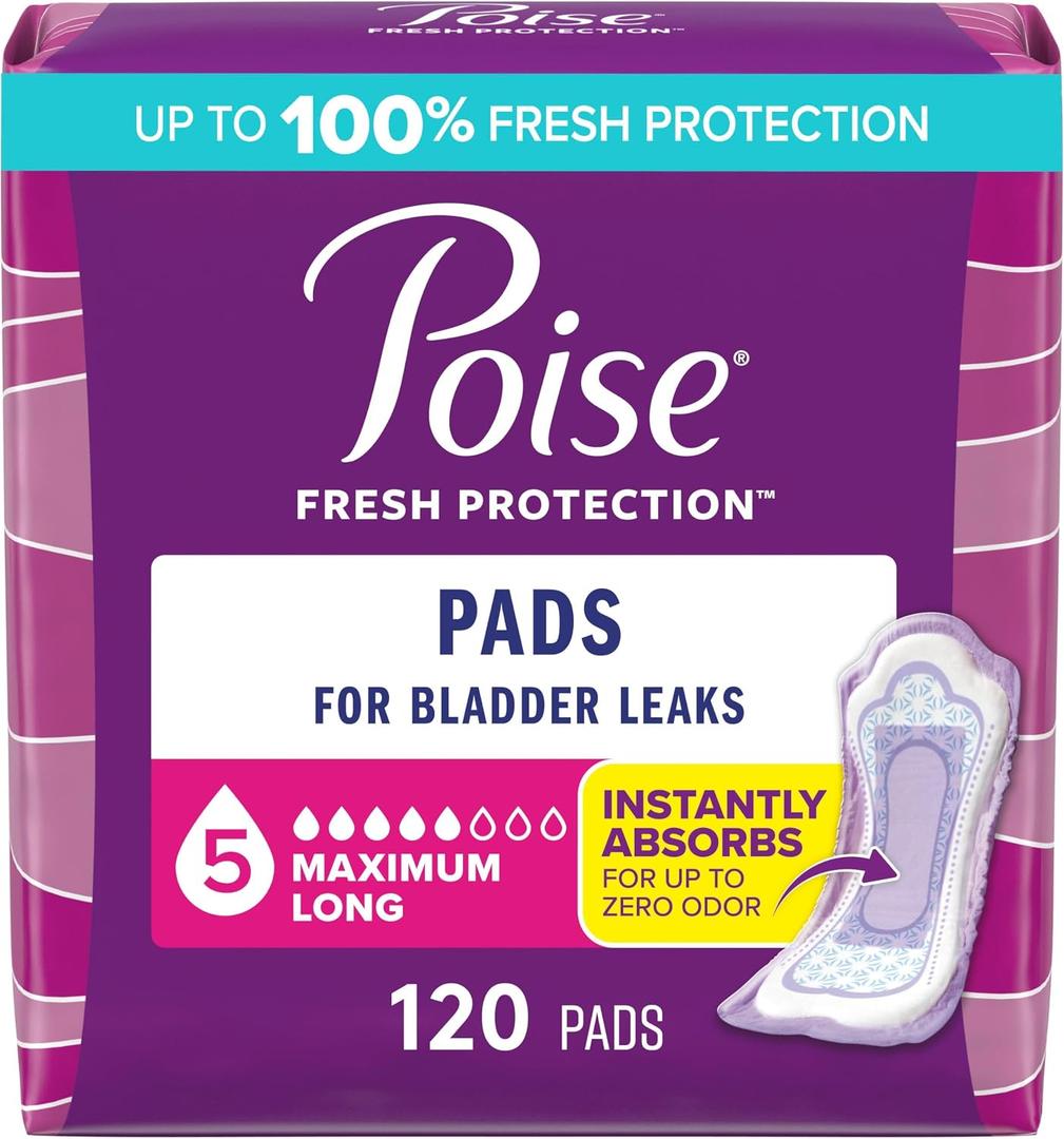 Poise Incontinence Pads & Postpartum Incontinence Pads, 5 Drop Maximum Absorbency, Long Length, 120 Count (2 Packs of 60)