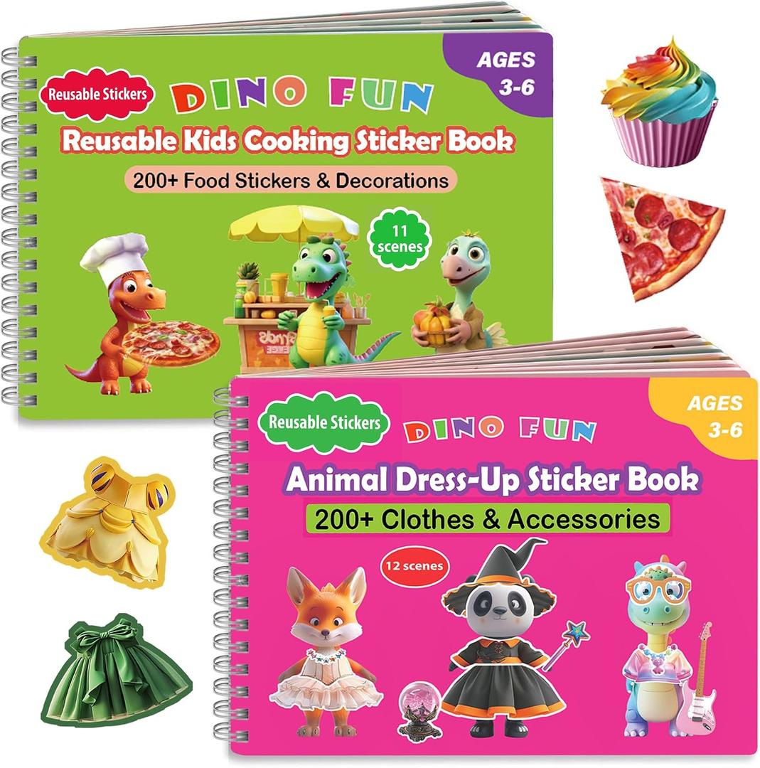 Dino Fun 2-in-1 Reusable Sticker Book for Kids Animal Dress-Up & Cooking Play, 23 Scenes, 500+ Stickers, Fun Activity Book for Toddlers Ages 3+, Removable Sticker for Boys & Girls, 8.3" x 5.7" x 0.4"
