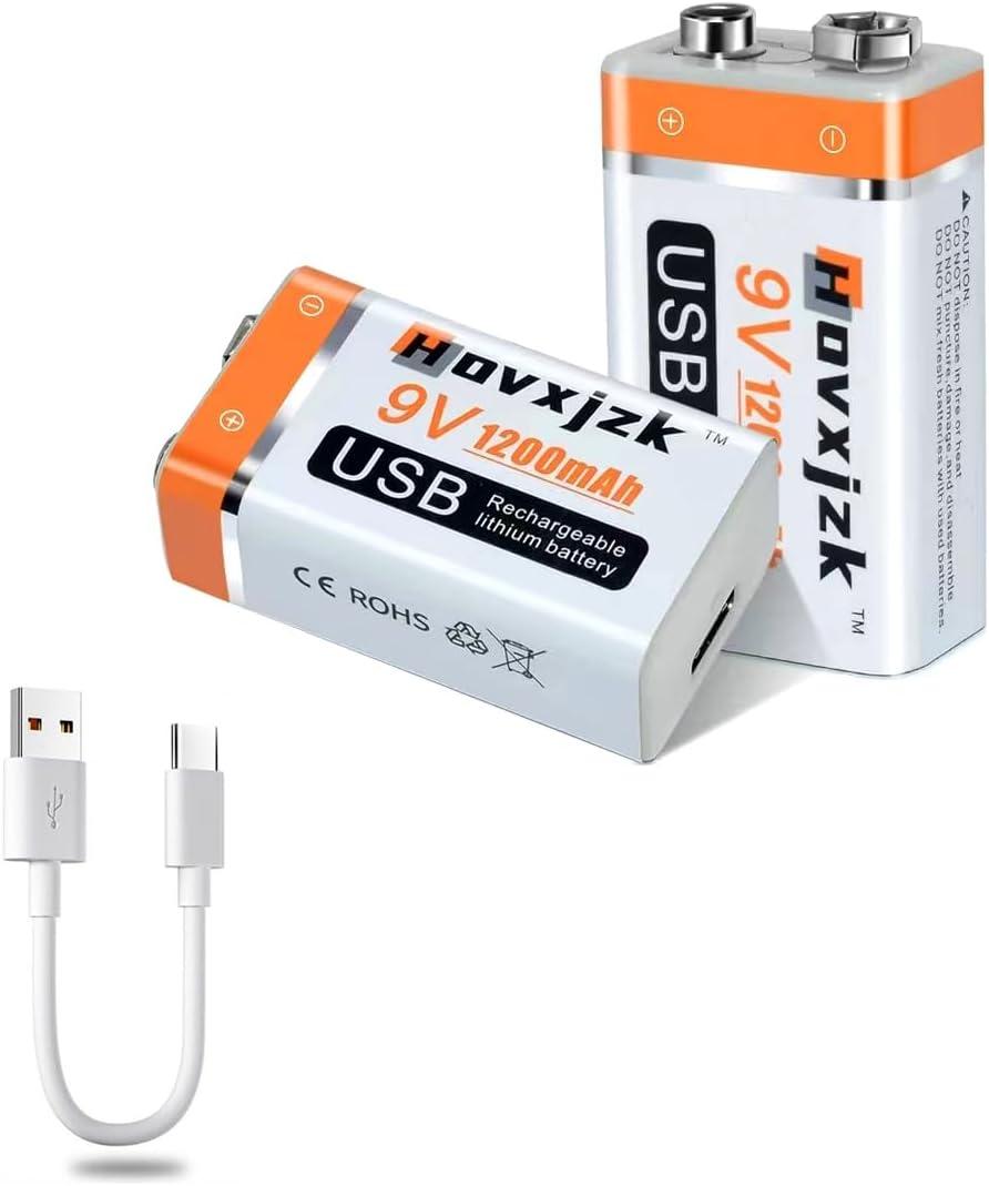 USB 9V Rechargeable Battery, USB Quick Charge in 1.5 Hours, High Capacity 1200mAh Square Lithium Batteries with Type C Port Cable (2-Packs)