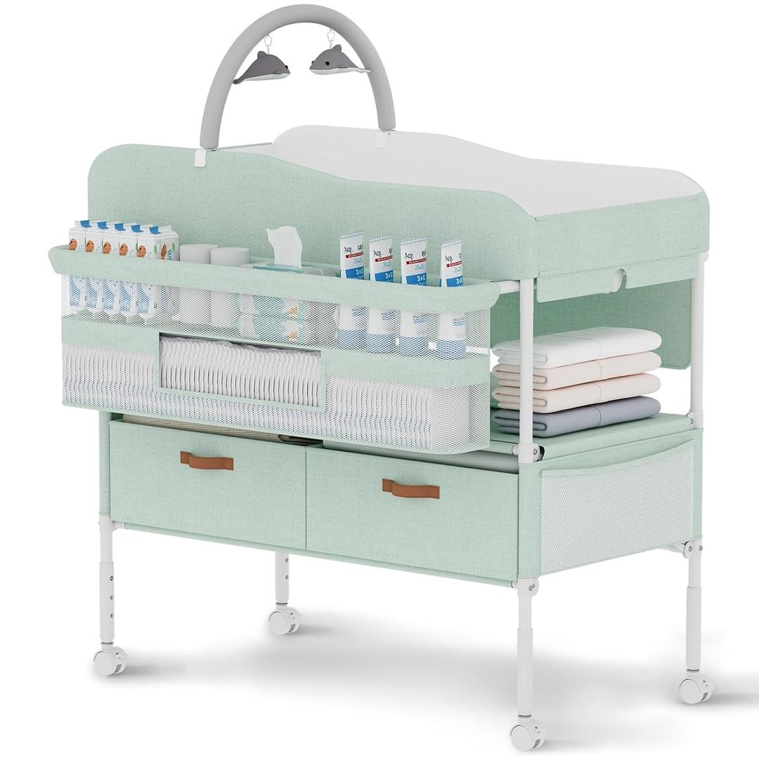 Diaper Changing Station, Portable Changing Table for Baby, Diaper Changing Table with Storage Drawers, Waterproof Baby Changing Station with Wheels and Adjustable Height for Newborn Infant and Toddler (Green)