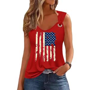 Womens Gradient Notched Neck Casual Tank Tops Novelty Sleeveless Shirts Funny Graphic Tee Vests (Red, L)