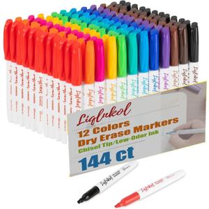 Dry Erase Markers Bulk, Pack of 144 with 12 Assorted Colors, Chisel Tip White Board Markers Dry Erase Pens Whiteboard Markers Perfect for Home, Office Supplies