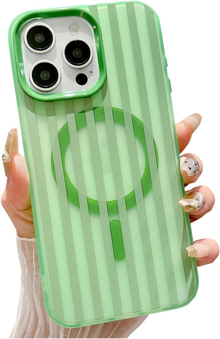 for iPhone 14 Pro Case Magnetic, Compatible with MagSafe, Translucent Matte Shockproof Protection Cover, Cute Striped Design Phone Case for Women Girls Men 6.1" - Green
