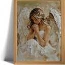 Praying Angel Wall Art  Spiritual Canvas Print, White Winged Angel Oil Painting Style Christian Religious Picture posterSpiritual White & Gold Wall Decor for Bedroom, Prayer Room, Christian Gift, Wood Frame 12x16in