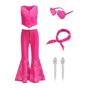 ZapLute 6 Pcs Pink Cowgirl Costume Movie Doll Costume Set Halloween Cosplay Birthday Party Vest Outfit Dress up for Kids,  Size 130