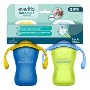 Evenflo Balance+ Trainer Cups for Babies 6+ Months, Blue and Green, 9oz, 2 Pack, Ergonomic Design with Ultra Soft Spout