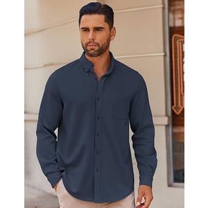COOFANDY Men's Wrinkle Free Shirt Long Sleeve Casual Button Up Shirts Business Dress Shirt Navy Blue  ( Men XL) 
