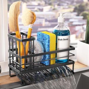 Vanwood Kitchen Sink Caddy Organizer Sponge Holder for Kitchen Sink with Brush Holder, Stainless Steel Dish Soap Dispenser Sponge Caddy Self Drain Tray Storage Home Decor Gadge Essentials Accessories, Set of 2