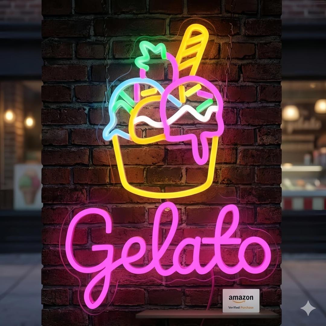 Ice Cream Neon Sign Gelato Neon Sign Dimmable Wall Decor for Store Game Room Kids Room Party Decoration 17.6 * 13.2 Inch