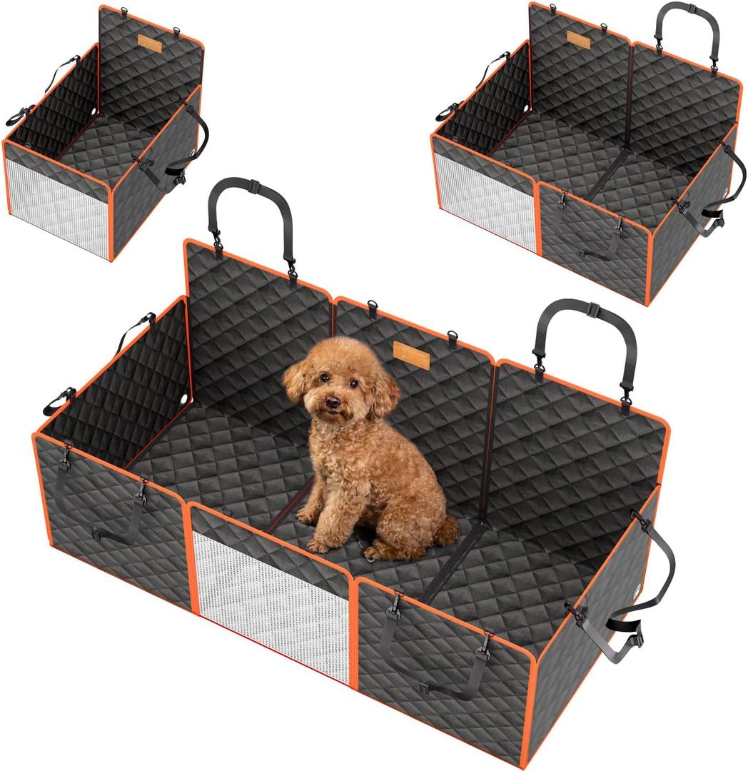 Dog Car Seat Cover for Back Seat, 1seat to 3seats can be Switched at Will. Back Seat Extender with Hard Bottom. 600D Heavy Duty Scratch,Nonslip,Waterproof Dog Hammock for Cars,Trucks and SUVs. (Black and Orange)