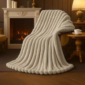 Amélie Home Faux Fur Throw Blanket for Couch, Cozy Fuzzy Fluffy Fur Luxurious Soft Striped Plush Gift Blankets for Family Sofa Chair Bedroom, 55"x70", Beige
