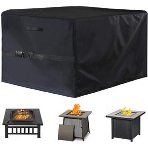 Square Fire Pit Cover 36x36x24 Inch - Heavy-Duty Taped Seam Waterproof, Windproof Drawstring & Buckle Strap, Black