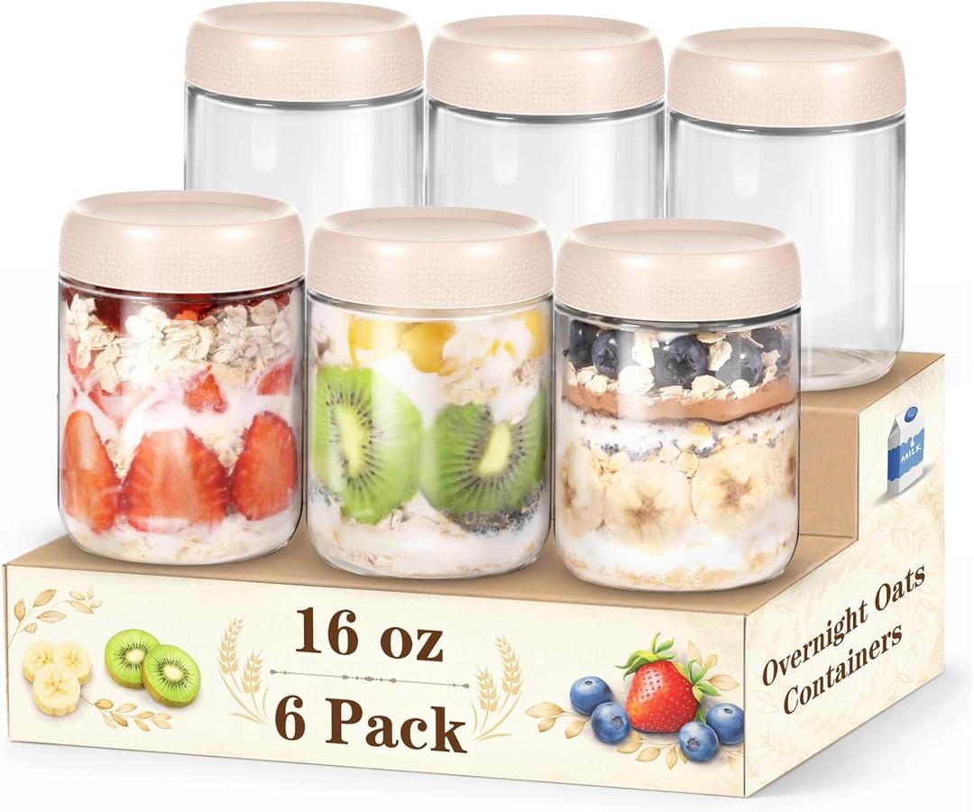Overnight Oats Containers with Lids, 16oz Glass Storage Containers with Lids, Wide Mouth Mason Jars, Glass Jars with Airtight Lids for Salad, Yogurt, Chia Seed, Pudding, Meal Prep 6-Pack (Beige)
