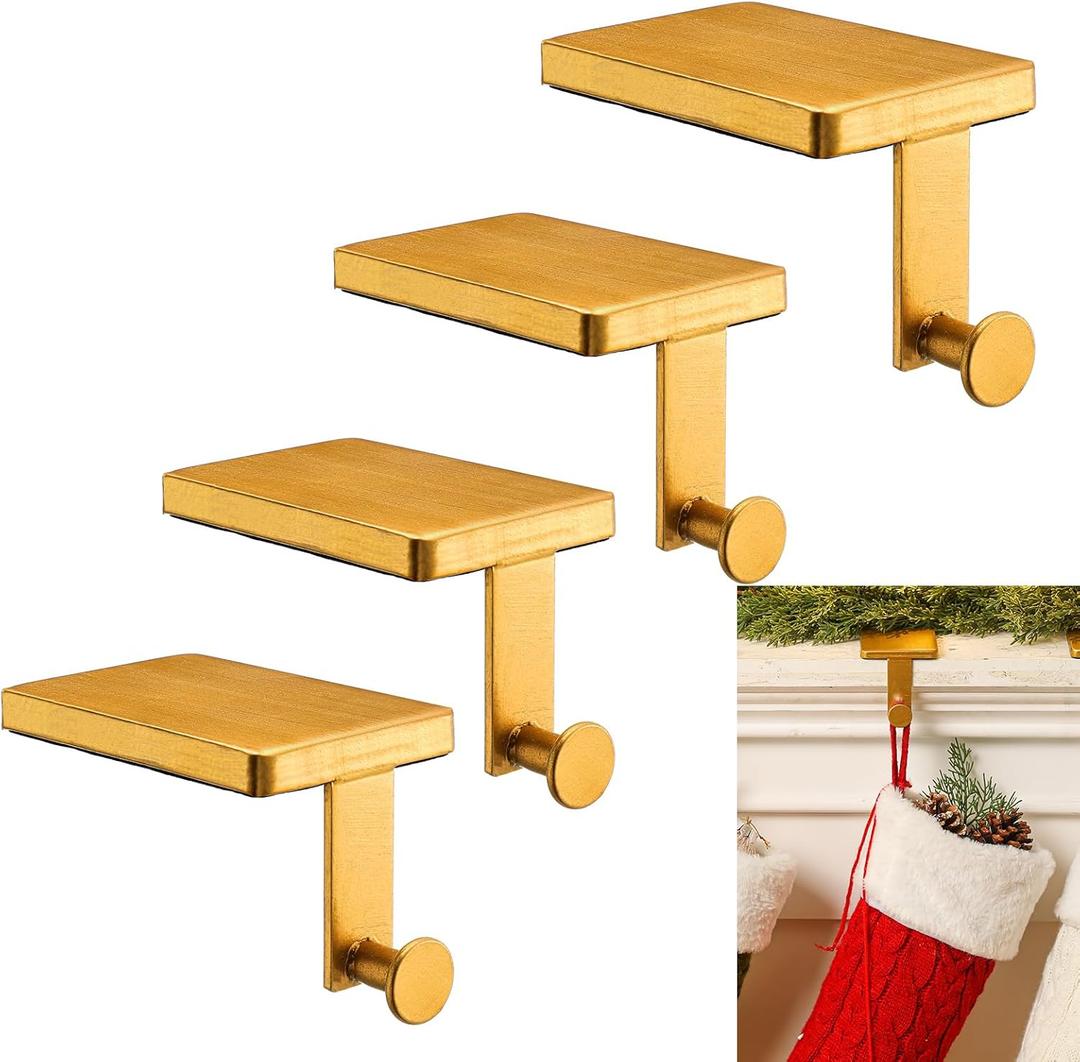 Landhoow Christmas Stocking Holder Christmas Stocking Hanger for Mantel Heavy Duty Xmas Hook with Non Slip Protective Pad Mantel Hook for Mantle Fireplace Home Shelf(Brass,4 Pcs)